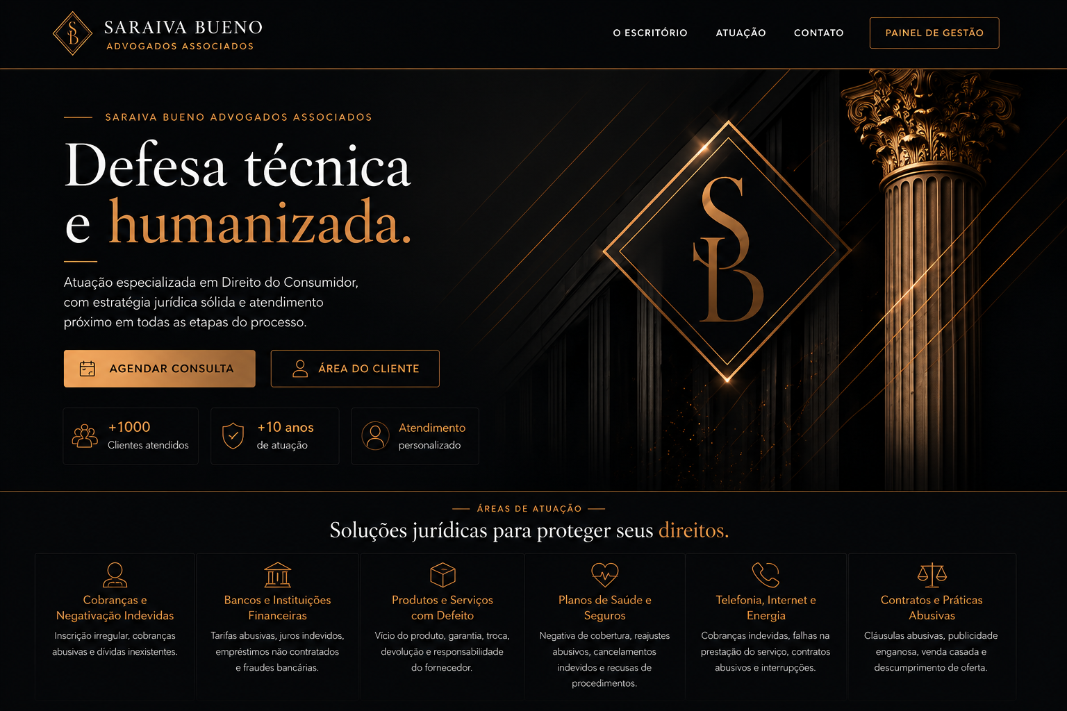 Saraiva Bueno Advogados Associados - início, hero e áreas de atuação